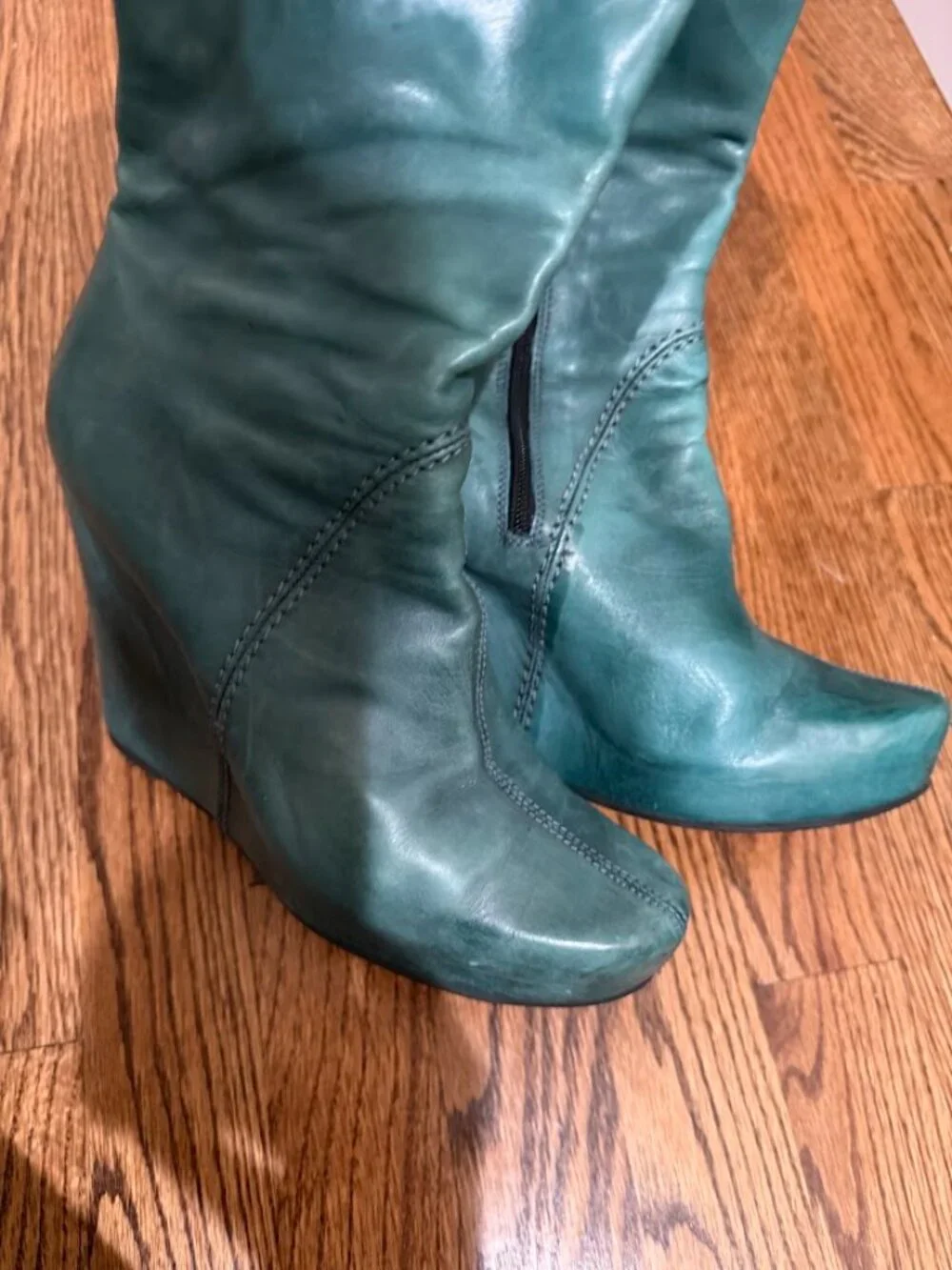 Venezia Teal Wedge Boots Side Zip Slouch Platform Leather EU 37